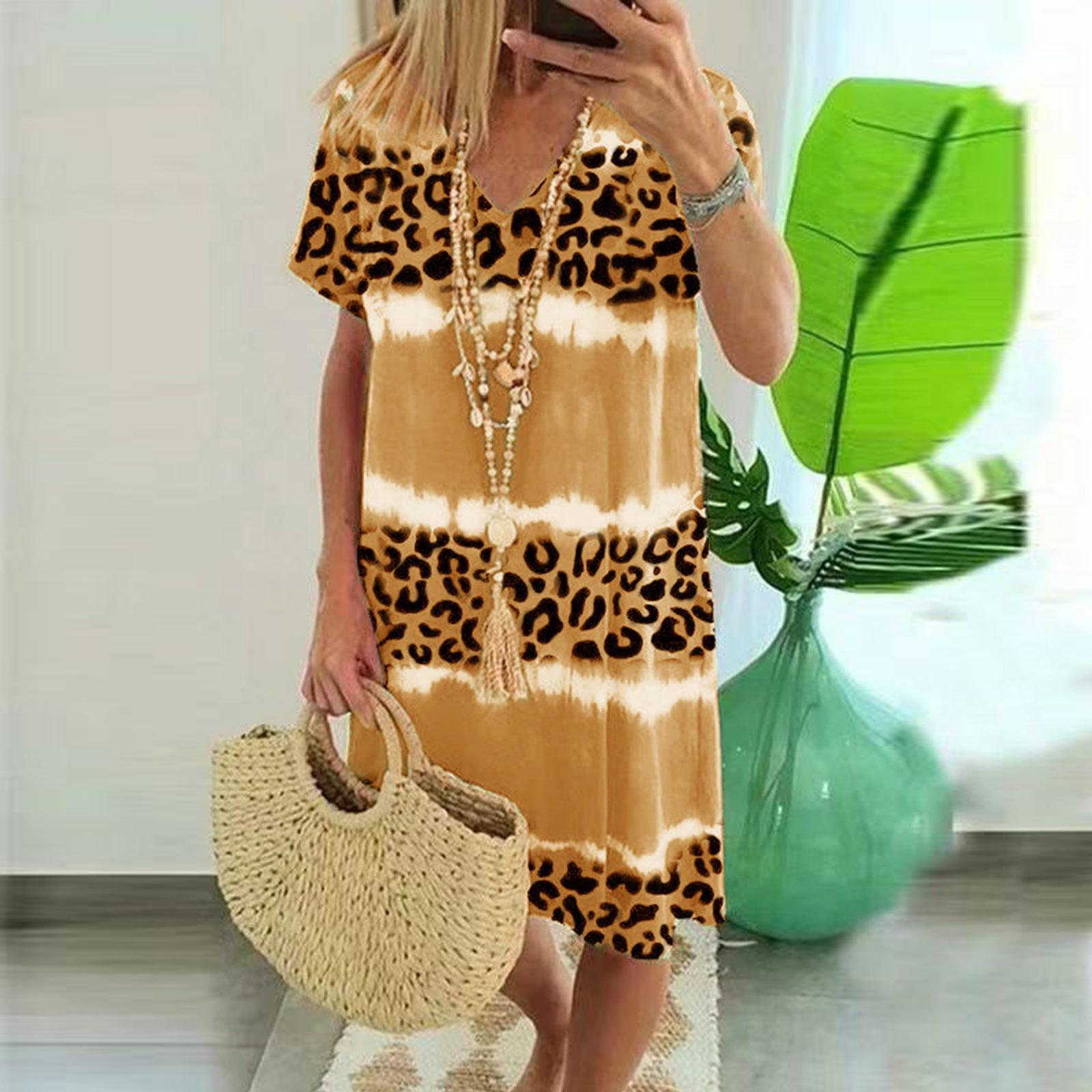 Women s Summer Leopard Print V-neck Short-sleeved Loose Mid-length Dress L жёлтый