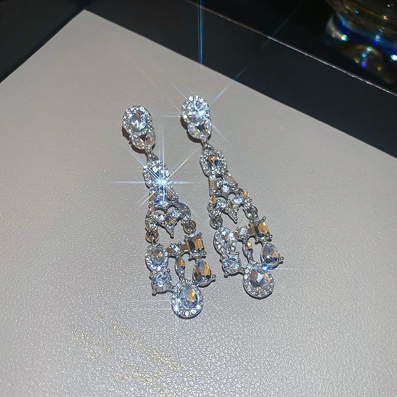 Silver Needle Diamond Flower Water Drop Tassel Earrings Exaggerated Earrings Light Luxury Premium Earrings Women