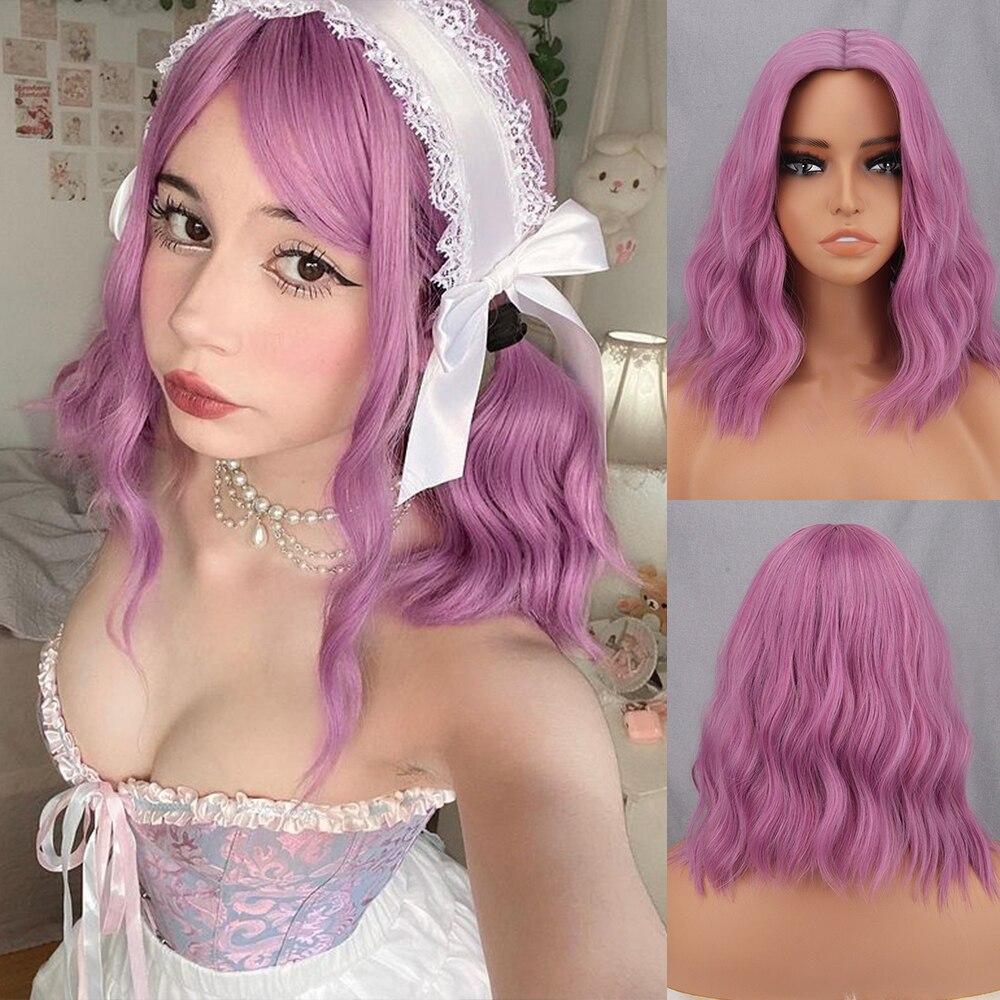 MISS WIG Short Orange Water Wave Wigs with Center Part Bangs Synthetic Fiber Short Bob Wavy Wig for Woman Party Lolita Cosplay