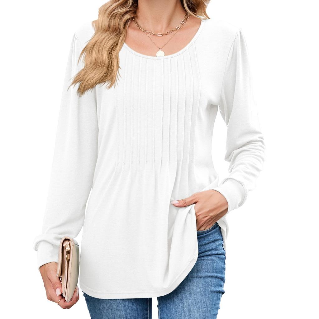 Fall Winter New Women's Solid Color Crew Neck Striped Loose Long Sleeve T-shirt Top, Leisure Leisure Foreign Trade for Europe America