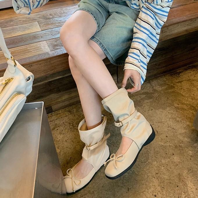 Lambskin heightening 5cm Maillard boots design sense round head bow cool boots ballet single shoes knight boots