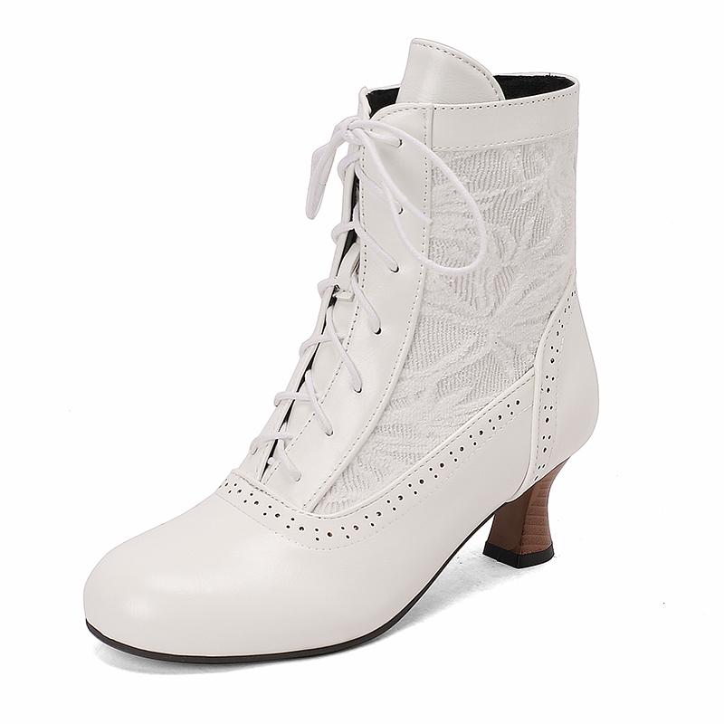 Fashion 2025 Women Victorian Pointed Toe Ankle Boots Leather Lace Hollow Out Punk Lace Up Strange Steampunk High Heel Shoes Size 34-46