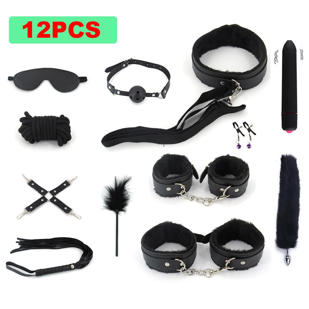 BDSM Bondage Set Sex Product Erotic Toys For Adults Games Plush Leather Handcuffs Nipple Clamps Gag Whip Rope Anal Plug
