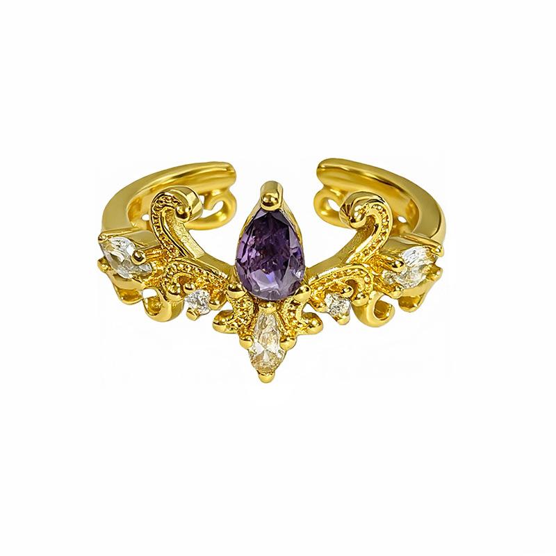 Medieval Vintage Retro Colored Treasure Zir*****Pen Ring Stacked Wearing Temperament Niche Design Light Luxury Index Finger Ring Women