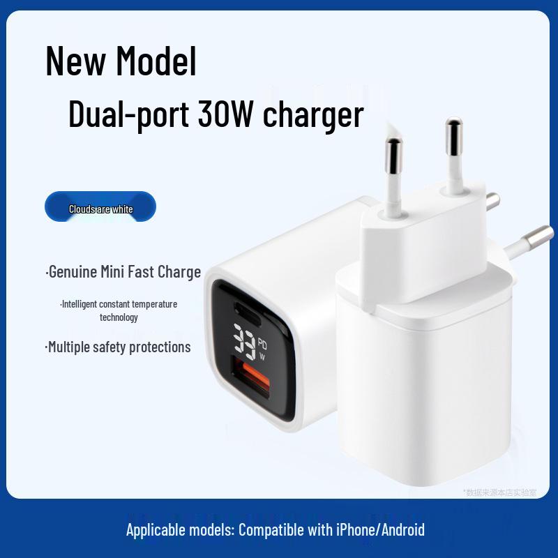 

K02 EU Standard 33W Fast Charger with Digital Display for Apple & Huawei - USB Multi-Port Plug No Accessories