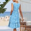 Dámské letní ležérní plisované šaty s volánky ve vintage květinovém stylu s výstřihem do V a bez rukávů