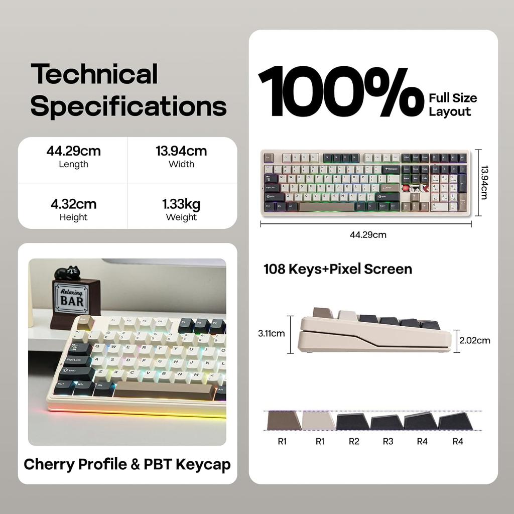 Aula F108 Pro V2 Wireless Keyboard Tri-Model Macro Gaming Keyboard Gasket Hot-swap Full Size Keyboard with TFT Smart Display