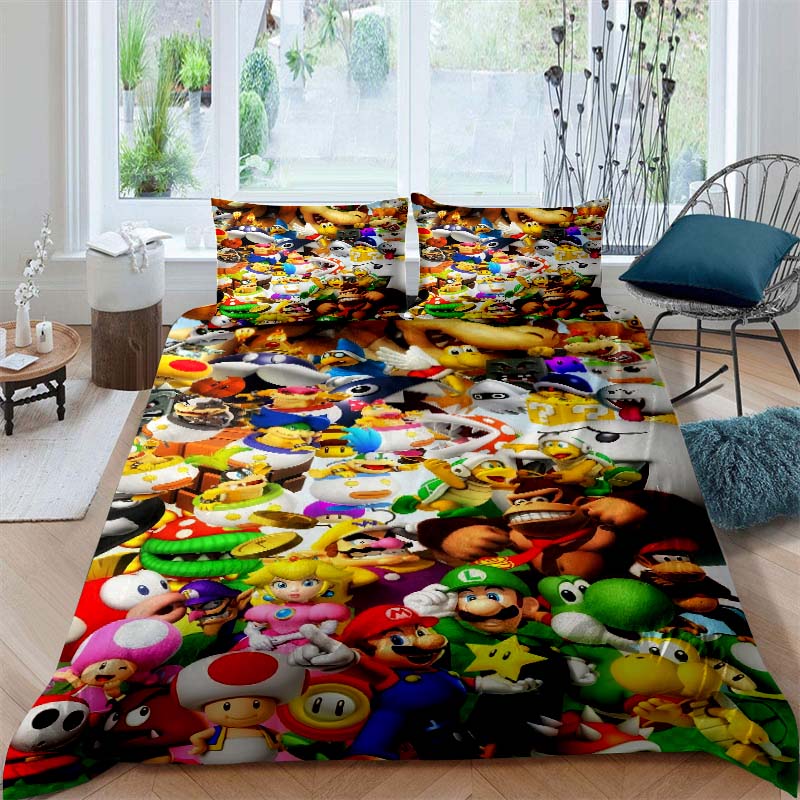 3D printed Super Mario World bedding set, a three-piece set including a printed duvet cover and pillowcases, available in adult