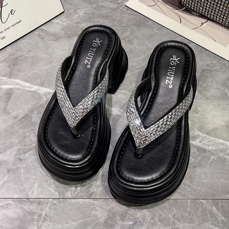 Fashion 8CM Women High Platform Slippers New 2025 Summer Crystal Beach Flip-Flops Ladies Wedge Heels Shoes Woman Outside Chunky Sandals