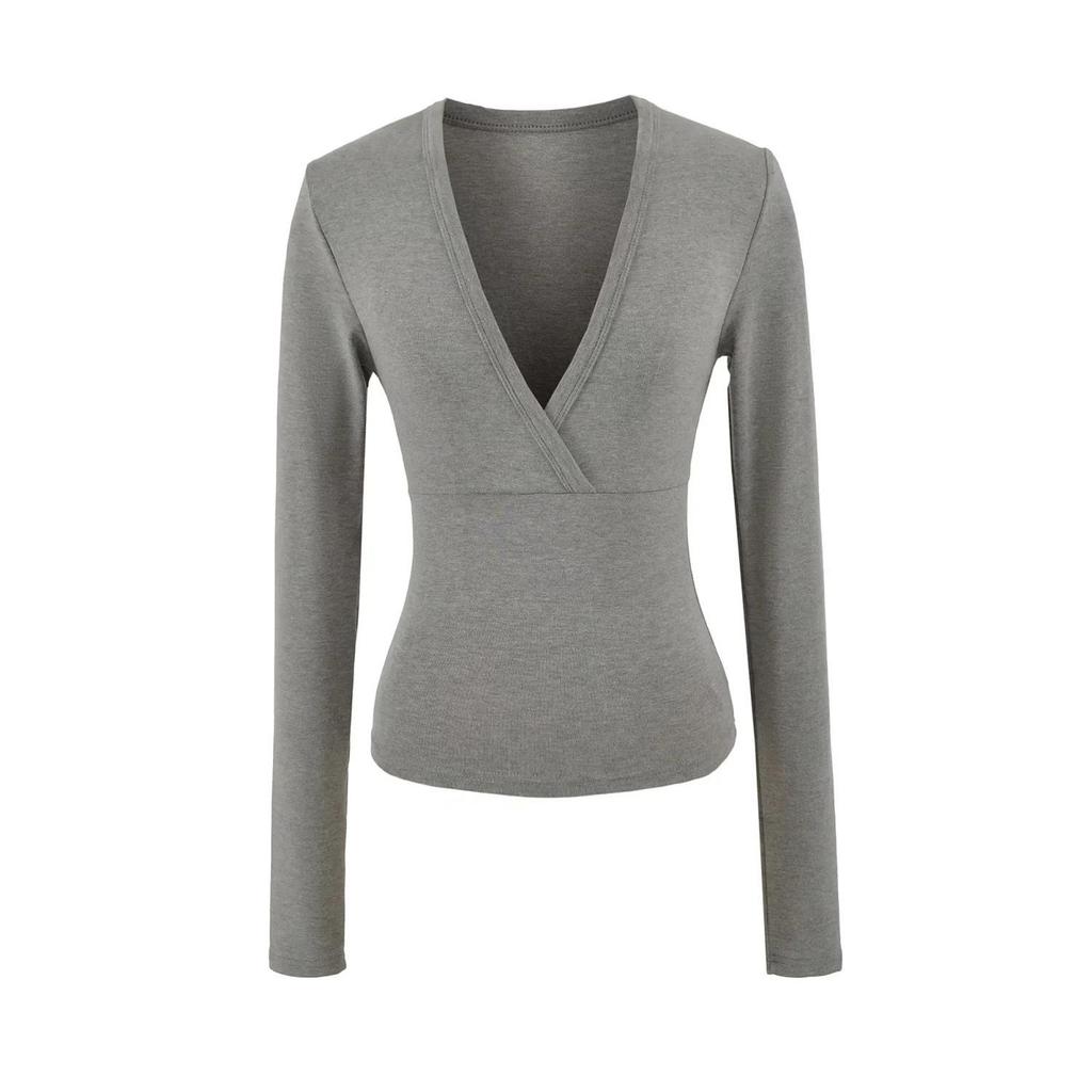 Women's Spicy American Deep V-neck Waist-cinching Long-sleeve T-shirt - Slim Fit for Autumn