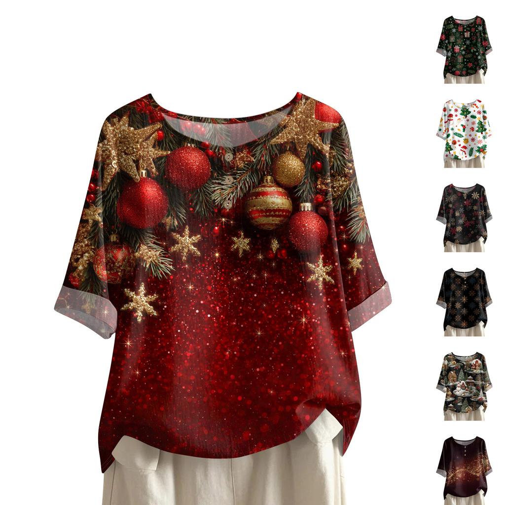 Women's Fashionable And Casual Shirt Half-sleeve Round Neck Print Cotton And Linen Blouse Top