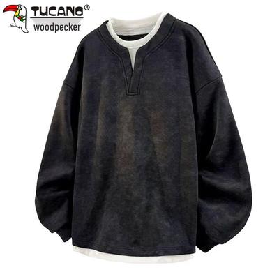Men's Faux Two-Piece Retro Loose Fit Crew Neck Sweatshirt