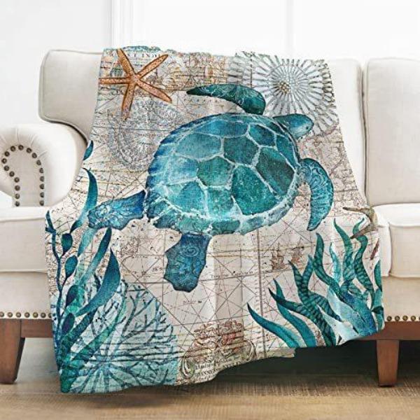 Turtle Blanket Gift Vintage Marine Animal Theme Decorative Flannel Blanket