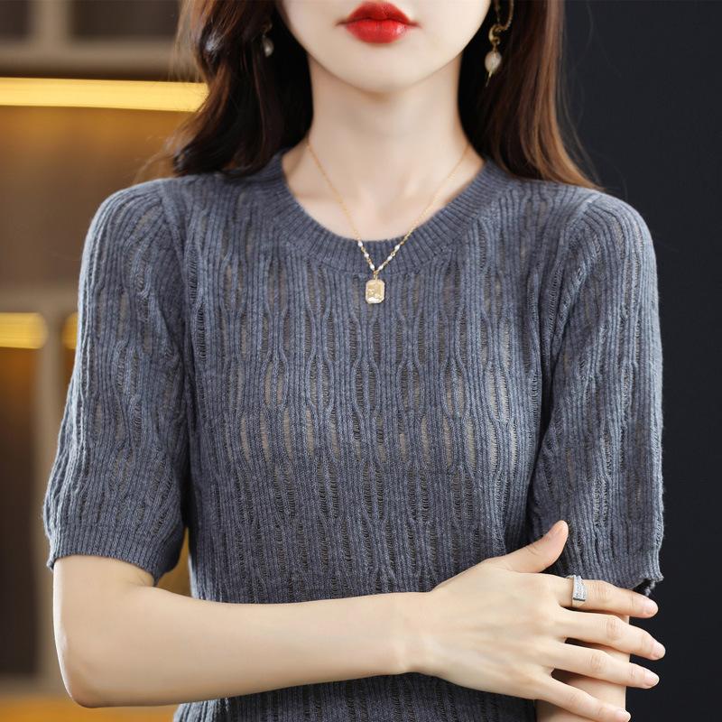 Hollow Hook-up Knitted Short-sleeved Summer Round Neck Pullover Thin Half-sleeved Top T-shirt Fashionable and Versatile Short-sleeved