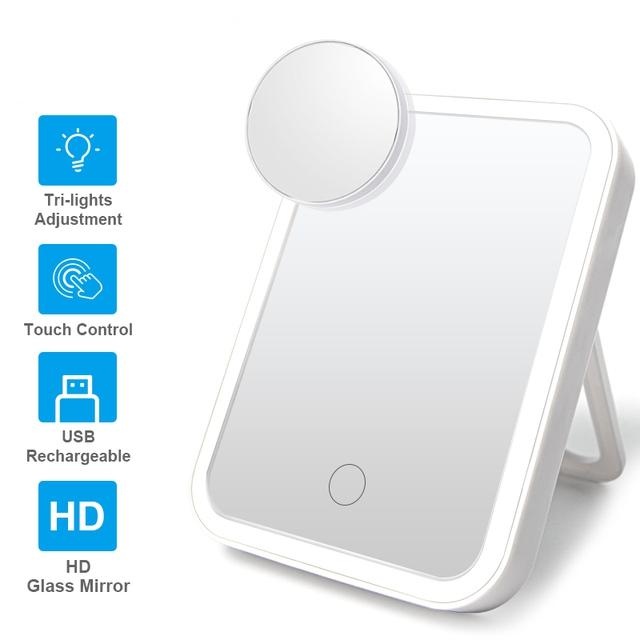 Lustro do makijażu LED z ekranem dotykowym 3 lekkie przenośne stojące składane lustro kosmetyczne 5x powiększające lusterko kosmetyczne Compect