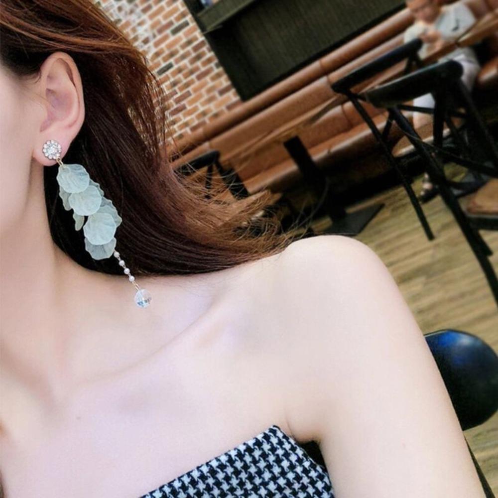 Super Fairy Pink Flower Petals Pearl Long Tassel Dangle Earrings for Women Romantic Wedding Party Daily Wear Vacation Jewelry