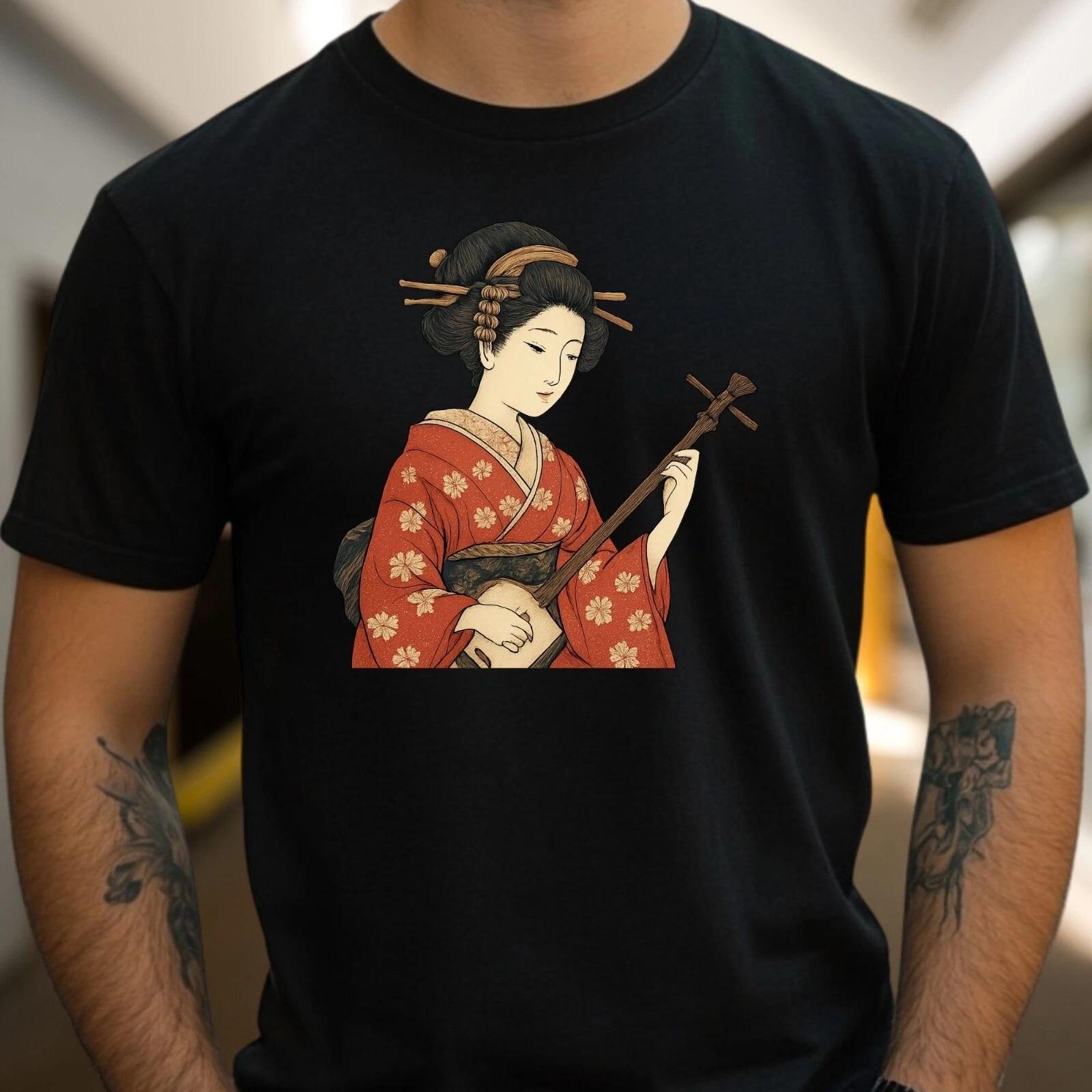 Mens Traditional Geisha Motif Cotton 100% Cotton T-shirt Mens Tees Top Size XS to 5XL- XL