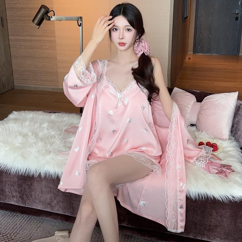 Sexy Pajamas Women's Ice Ribbon Chest Pad Suspender Shorts Three-piece Butterfly Printed Silk Loungewear Available