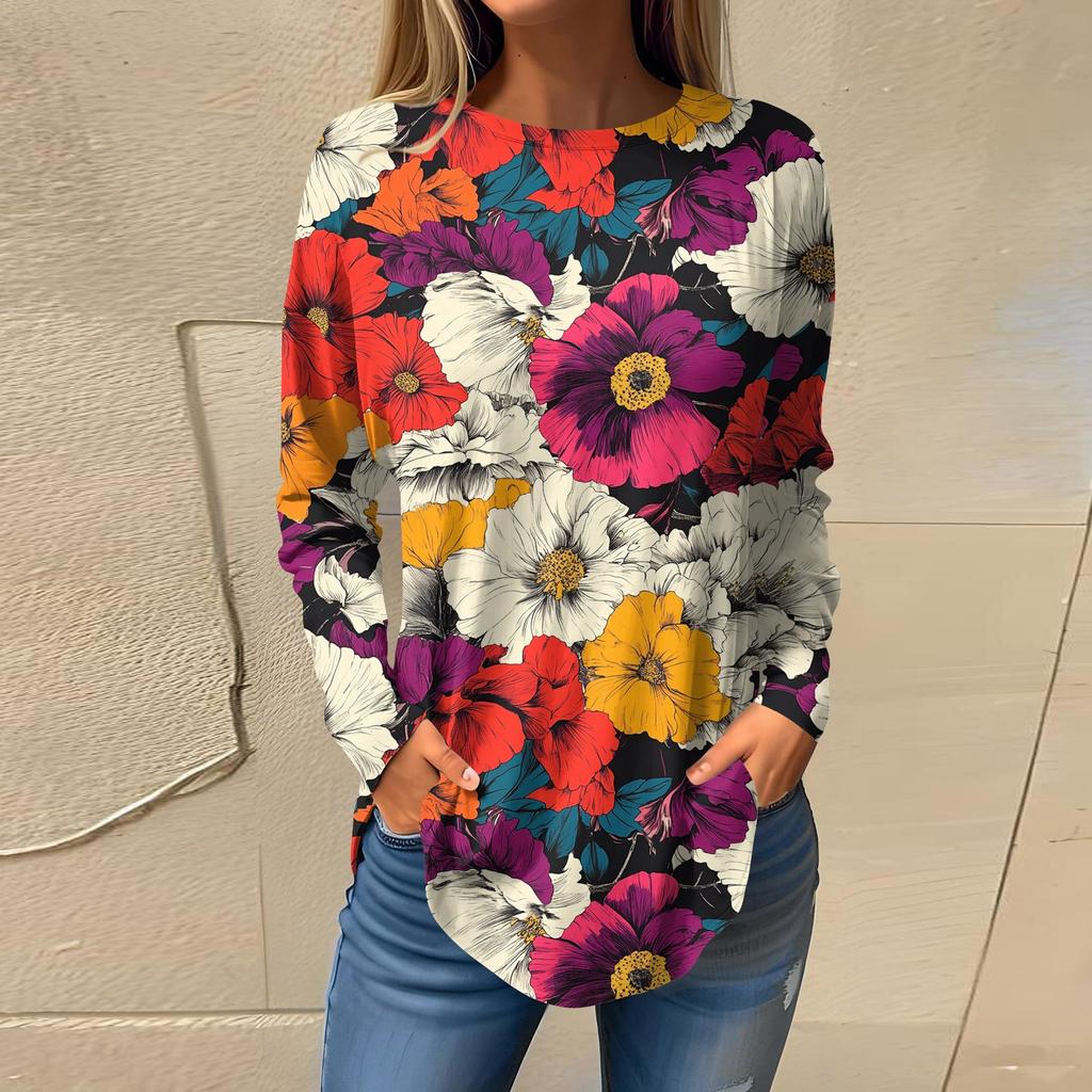 Women's  Loose Casual Flower Printed Round Neck Long Sleeved T Shirt Top Pullover Long Sleeved Sweatshirt