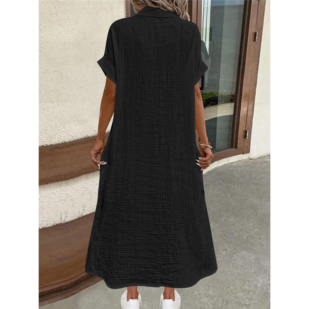 Women's Summer Short-sleeved Lapel Long Shirt Dress