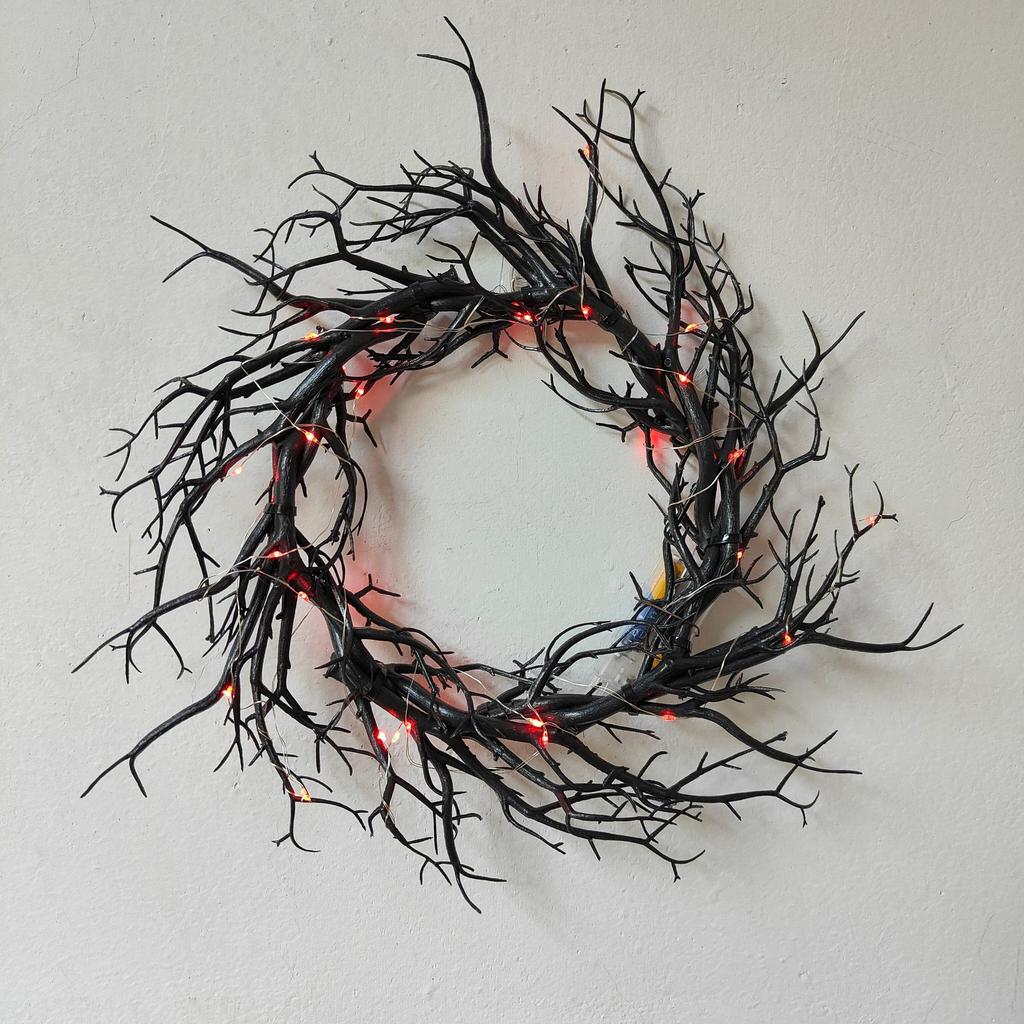 Wreath Decoration for Front Door LED Lights Glitter Black Branch Halloween Decorations Scary Home Indoor Outdoor Party Decor