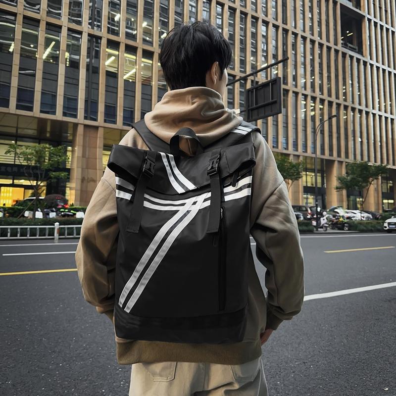 Striped Patchwork Roll-Up Backpack Men Outdoor Fitness Training Sports Bag Student School Bag