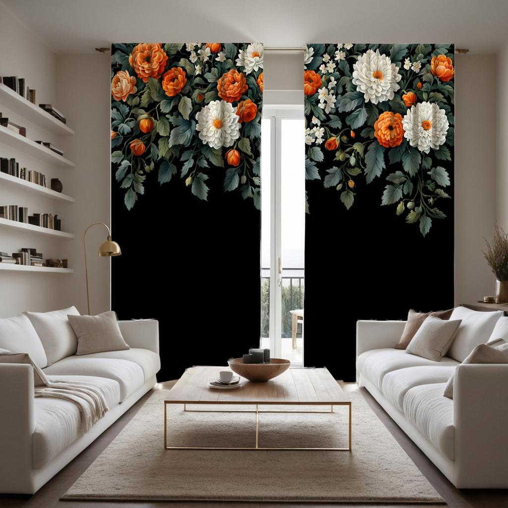 2pcs HD Flower Rich Peony Flower Open Decorative Curtain Black Tie Digital Printed Curtain Home Decoration Style Decoration L