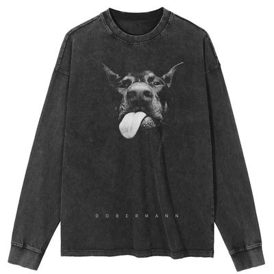 Streetwear Dobermann Graphic Washed Black T-Shirt Cotton Unisex Tops Tees Plus Size Long Sleeves T Shirt