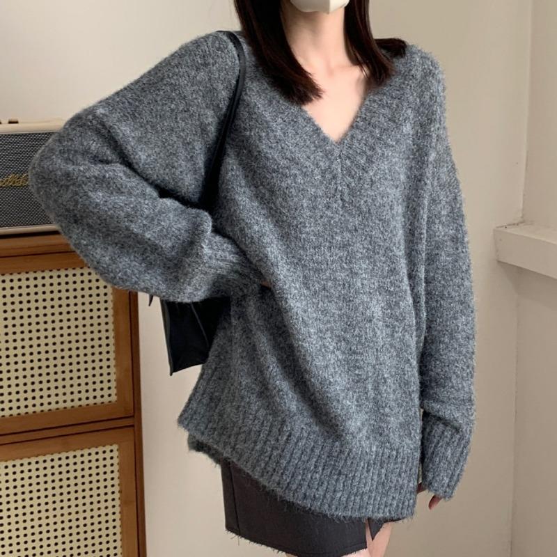 

Lazy wind loose inner V-neck brown sweater women s autumn and winter new high-end small top one size fits all