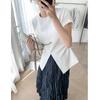 2022 summer Solid simple Elegant Ladies Tops Fashion Harajuku Dovetail Split Design Short Sleeve Tshirts Women O-neck Folds Slim