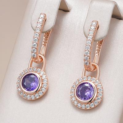 Sparkling Purple Round Natural Zircon Drop Earrings For Women Fashion  Rose Gold Color Vintage Party Daily Jewelry