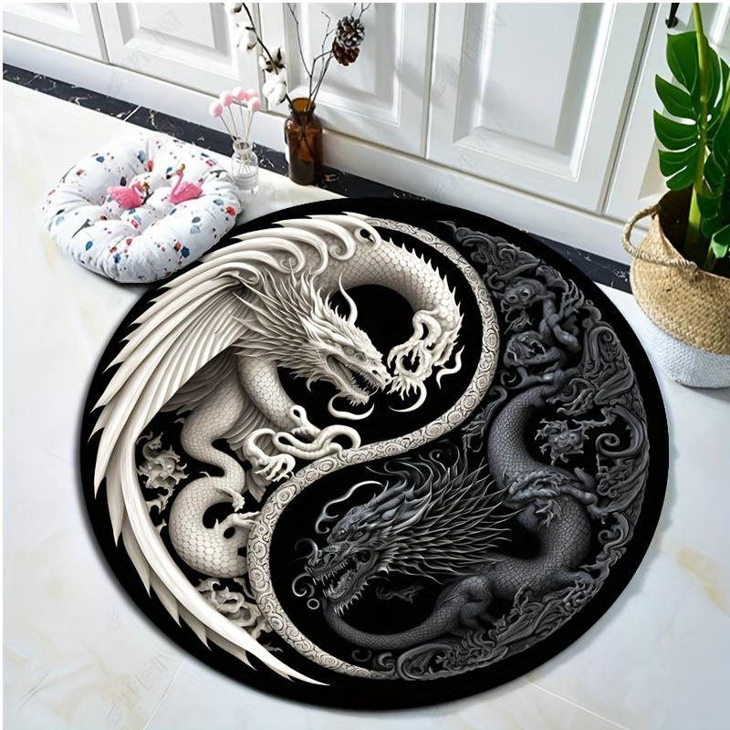 1Pcs Gothic Dragon Pattern Round Area Rug Indoor Non-Slip Washable Carpet, Non-Shedding Mat For Bedroom Living Room Office Machine Washable