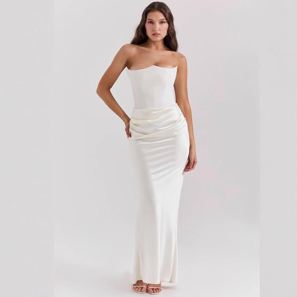 New red tube top fishbone sexy slim fishtail fishtail dress long solid color dress women