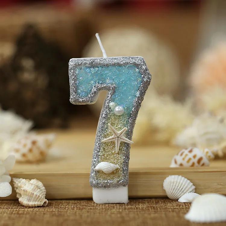 3 hüvelykes Születésnapi Gyertya Nagy 4-es Számú Gyertya Tengeri stílusú Tengeri csillag Kagylók Torta Dísz Gyerekek Születésnapi Bulihoz