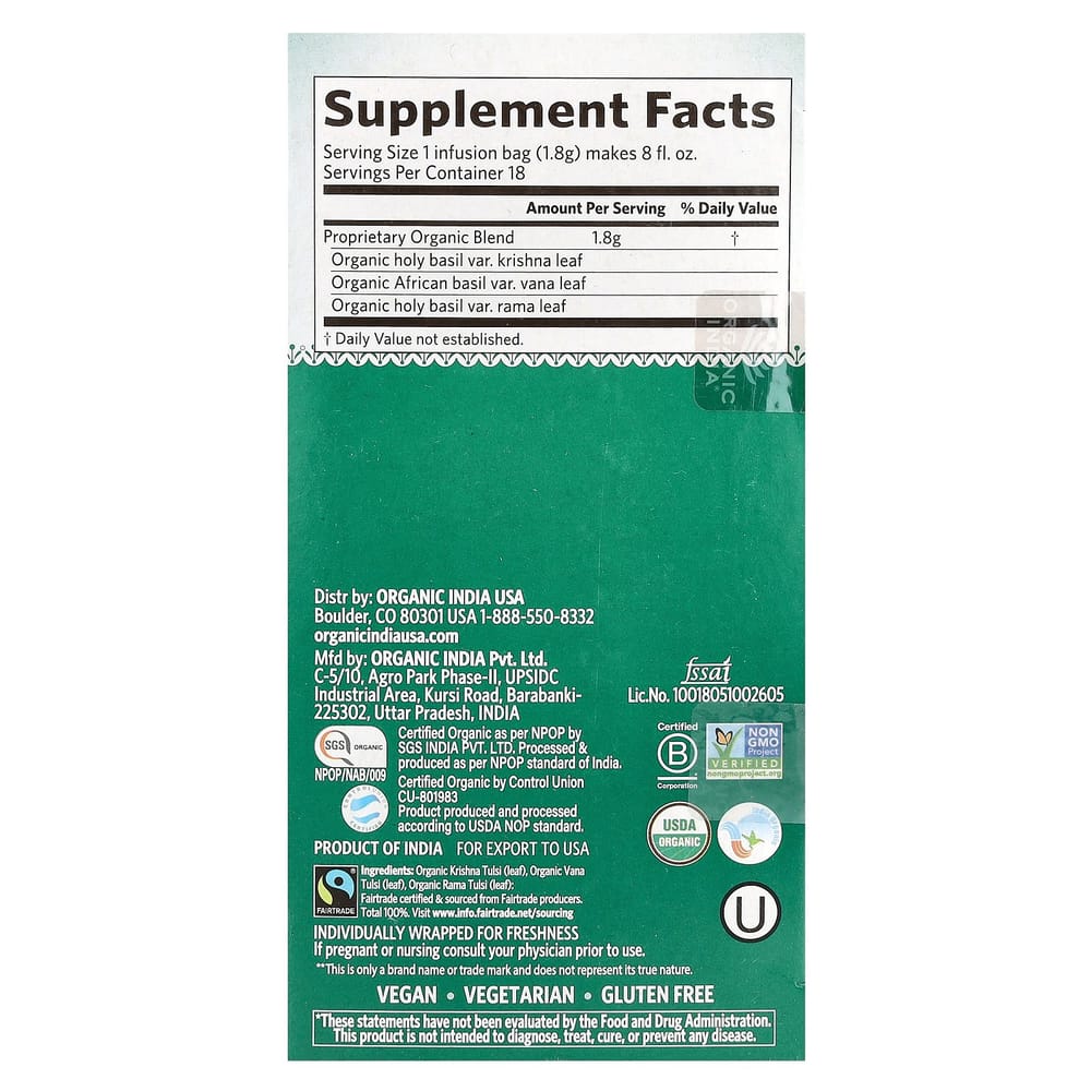 Organic India Tulsi Original Caffeine-Free Tea, 18 Tea Bags, 32.4g (1.14oz)