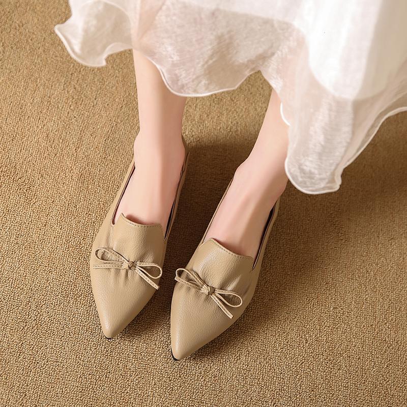 Móda Nové Jaro Pravá Kůže Dámské Boty Francouzské Retro Špičatá Špička Dámské Lodičky Mašle Mokasíny Boty pro Ženy Nízký Podpatek Dámské Boty