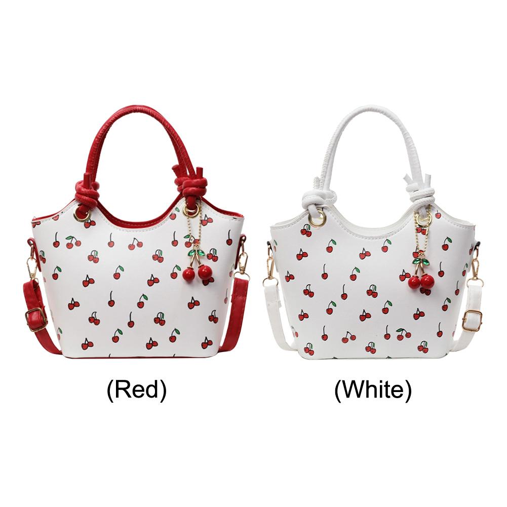 PU Leather Bucket Fashion Shoulder Bag for Women Ladies Cherry Printed Crossbody Bag Trendy Top-handle Bag with Adjustable Strap