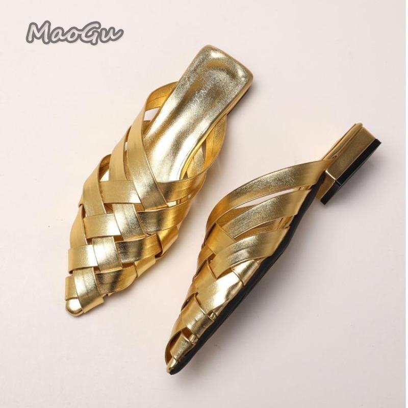 Fashion Female Pointed Toe Low Heel Slippers Summer 2025 Fashion Weave Slides Mules Size 35 43 Women's Sandals Outwear Zapatos De Mujer