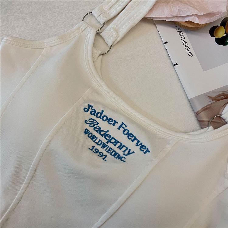 Spicy Girl American Letter Print Spaghetti Strap Racerback Tank Top with Chest Pads for Women