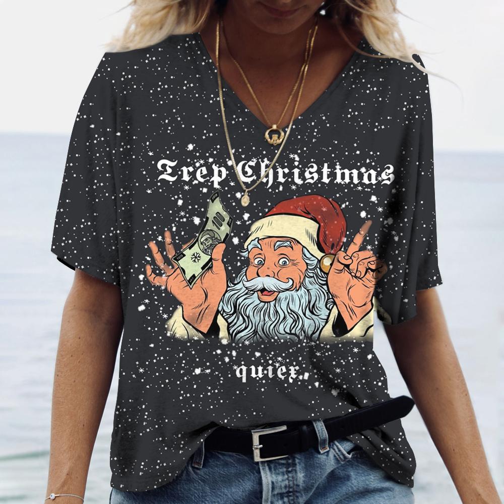 Plus Size 6XL Merry Christmas Women's Short sleeved V-neck T-shirt Christmas Tree Santa Claus Letter Print Simple Trendy Trend Women Clothing