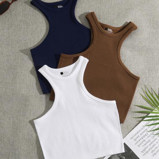 Women Running Vest O-Neck Sleeveless Short Tank Tops Solid Color Ribbed Elastic Fitting Quick Drying Racer Back Vest