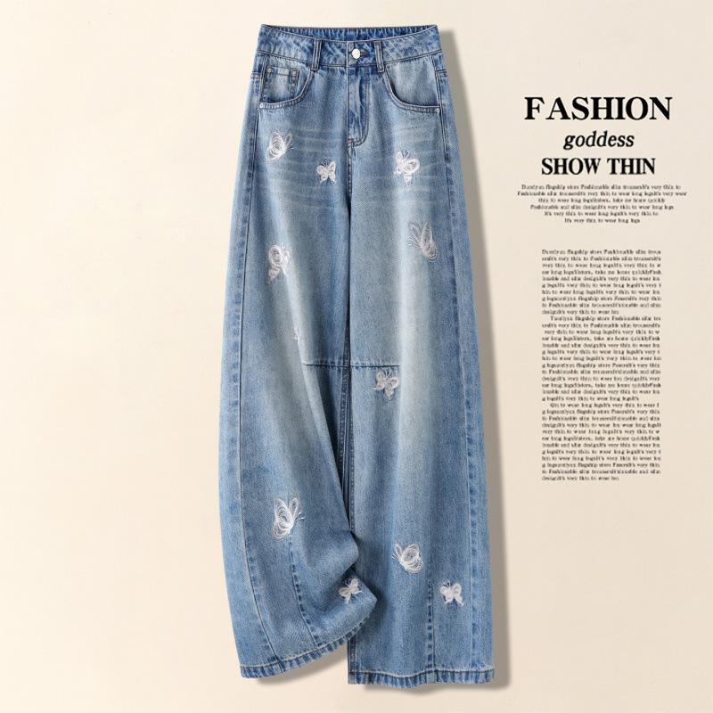 Butterfly embroidered narrow wide-leg jeans women's summer new high-waisted loose and thin denim straight trousers