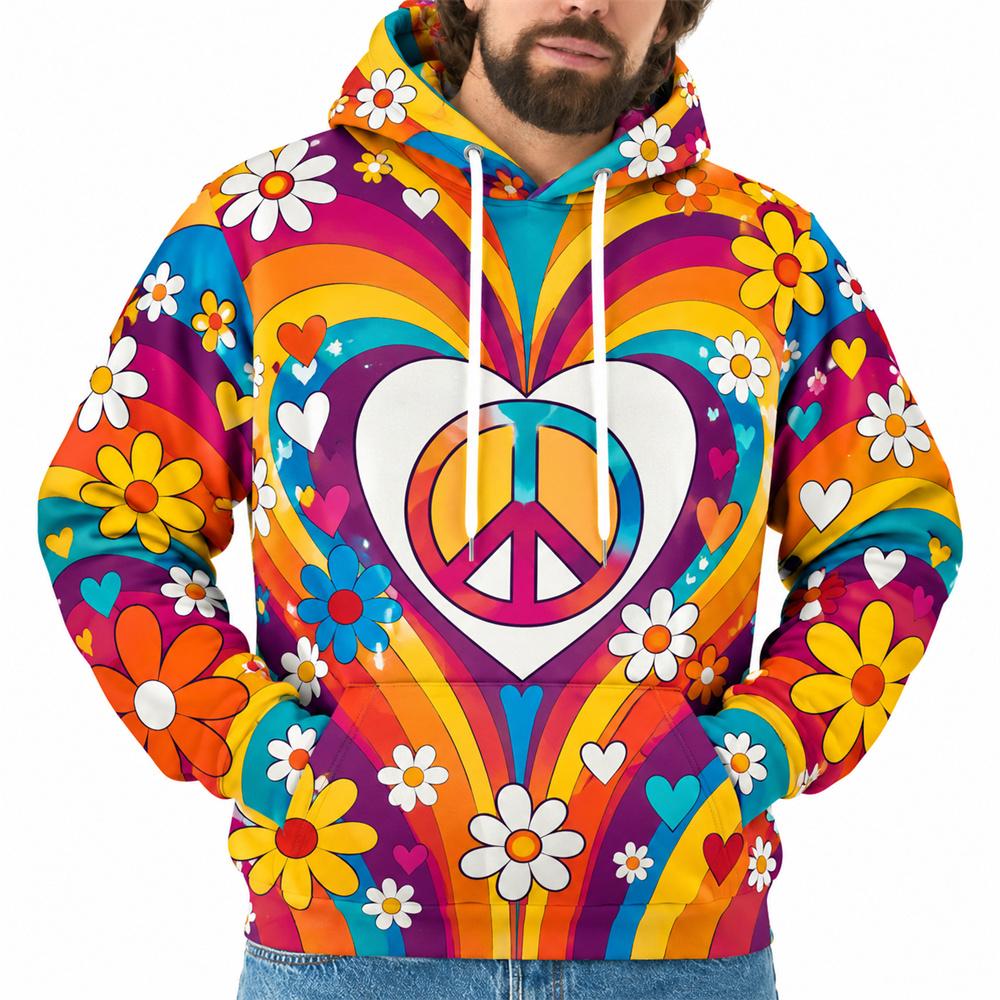 Colorful Peace Sign Hoodie For Men Retro Hippie Flower Heart 3D Printed Pullover Hoodie Checkerboard Graphic Hooded Sweatshirt