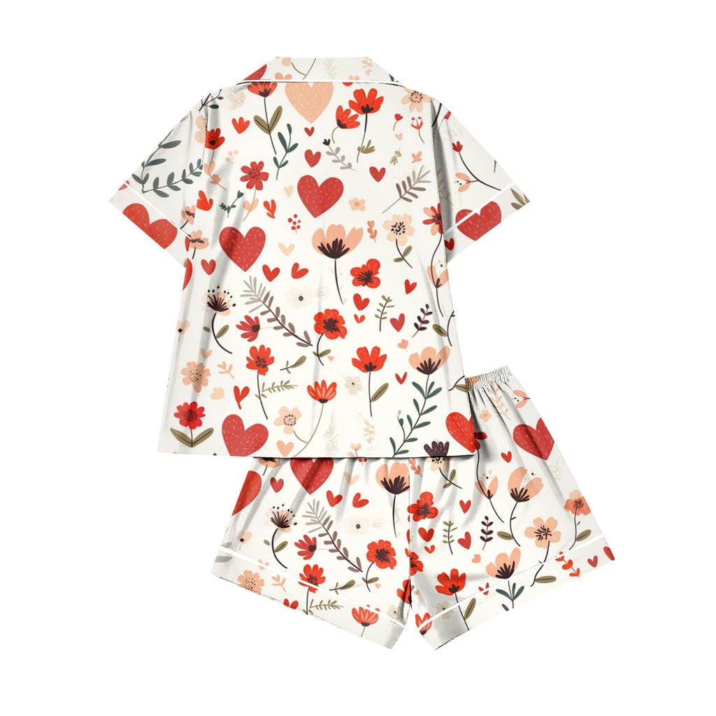 Damen Casual Mode Weihnachts-Print Kurzärmeliges Hausanzug-Set mit Knopfleiste, Kurzarm-T-Shirt und Shorts