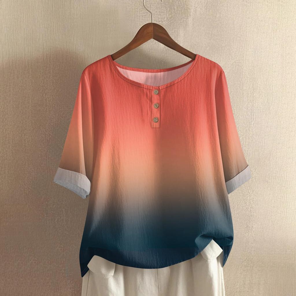 Women's Fashionable And Casual Shirt Half-sleeve Round Neck Print Cotton And Linen Blouse Top