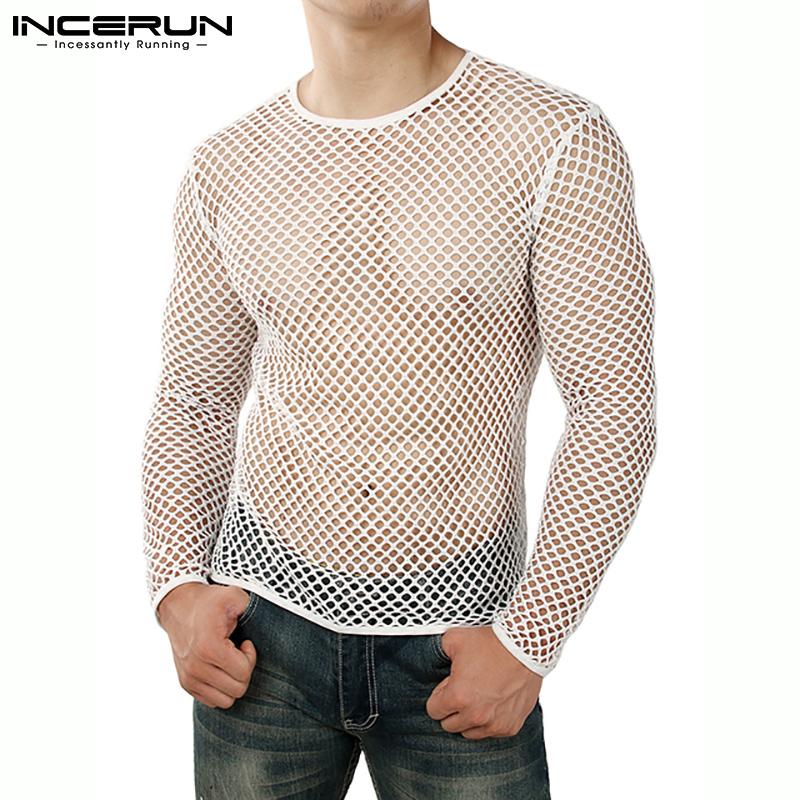 INCERUN Summer Men's Hollow Out Sexy Shirts Long Sleeved Mesh Slim Tops Nightclub Breathable See Through Blouse