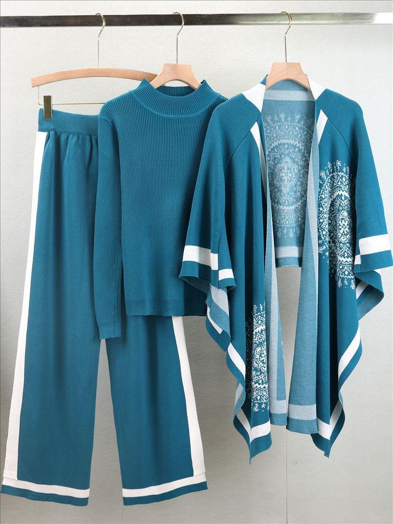 Women's Autumn Casual Three-Piece Set: Knitted Cardigan, Shawl Cape, Wide-Leg Pants