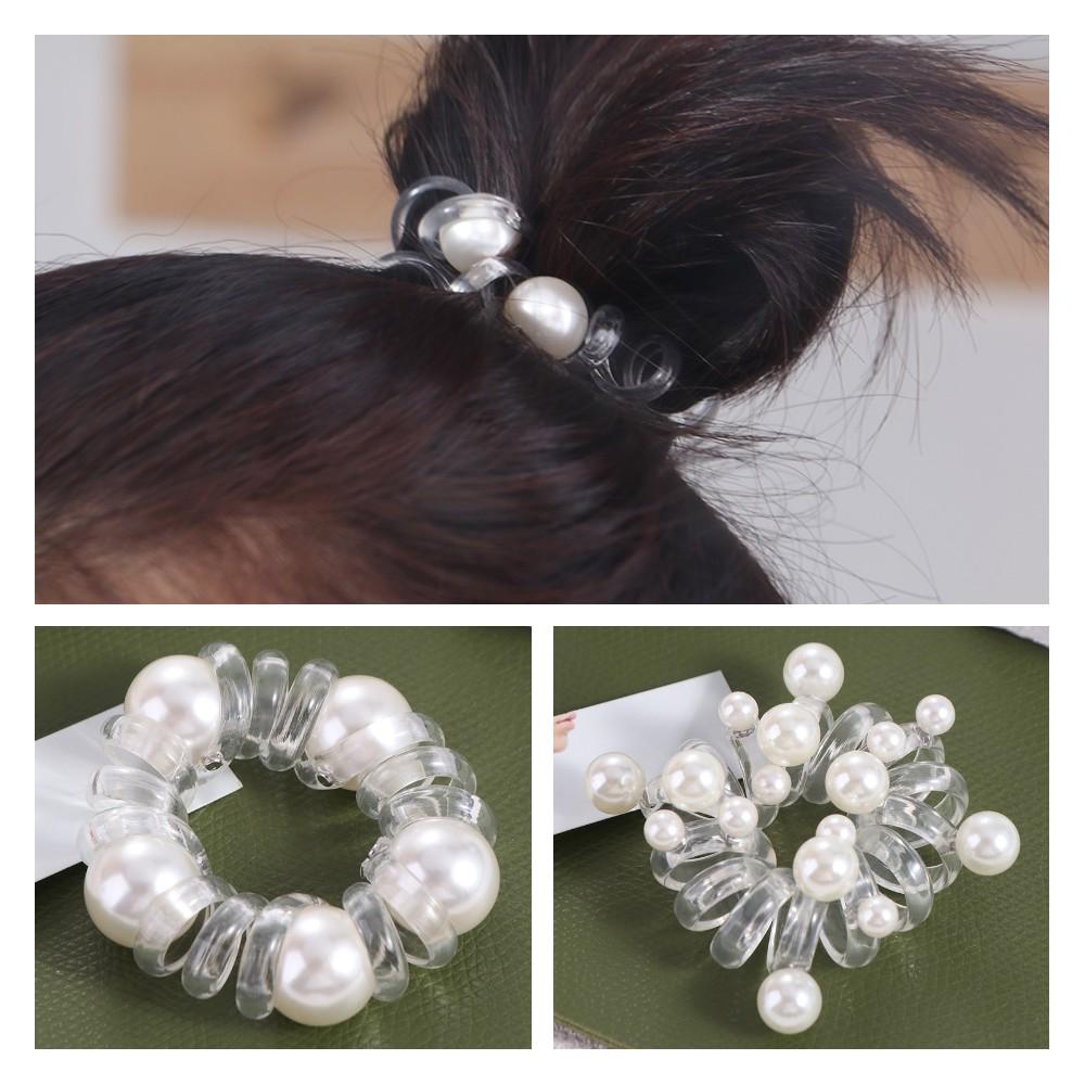 Korean Style Transparent Hair Ring TPU Pearl Ponytail Holder Telephone Line Hair Rope  Wedding