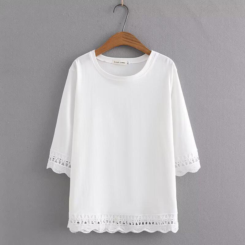 

2023 Spring/Summer Plus Size Lace Trim Seven-Sleeve Round Neck T-shirt for Chubby Girls XL белый