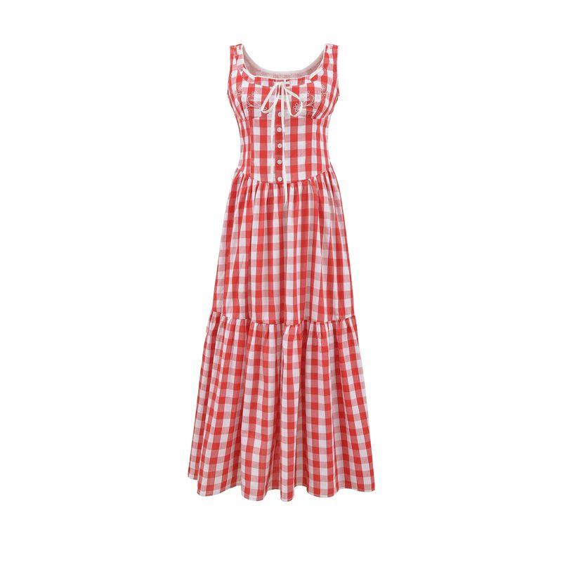 

Slightly Sweet Baileys French style Pure Girl s Square Collar Embroidered Red Plaid Patchwork Bow Waist Hugging Sling Dress Slight Sweet Bailey L